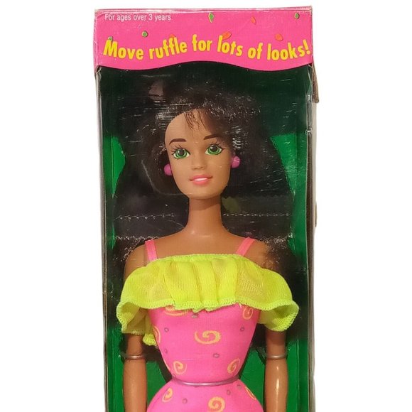 Ruffle Fun Barbie #12435 Dark Hair Vintage 1994 NRFB Doll-Mint Box-Very Good - Picture 2 of 10
